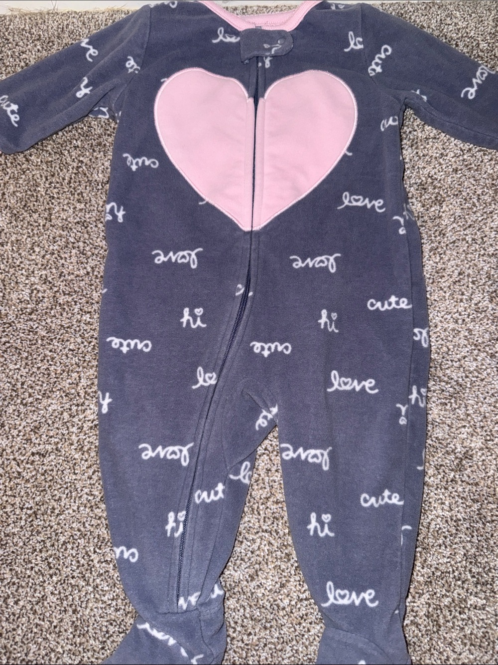 Carter's Gray Fleece Footed One-Piece with Pink Heart
